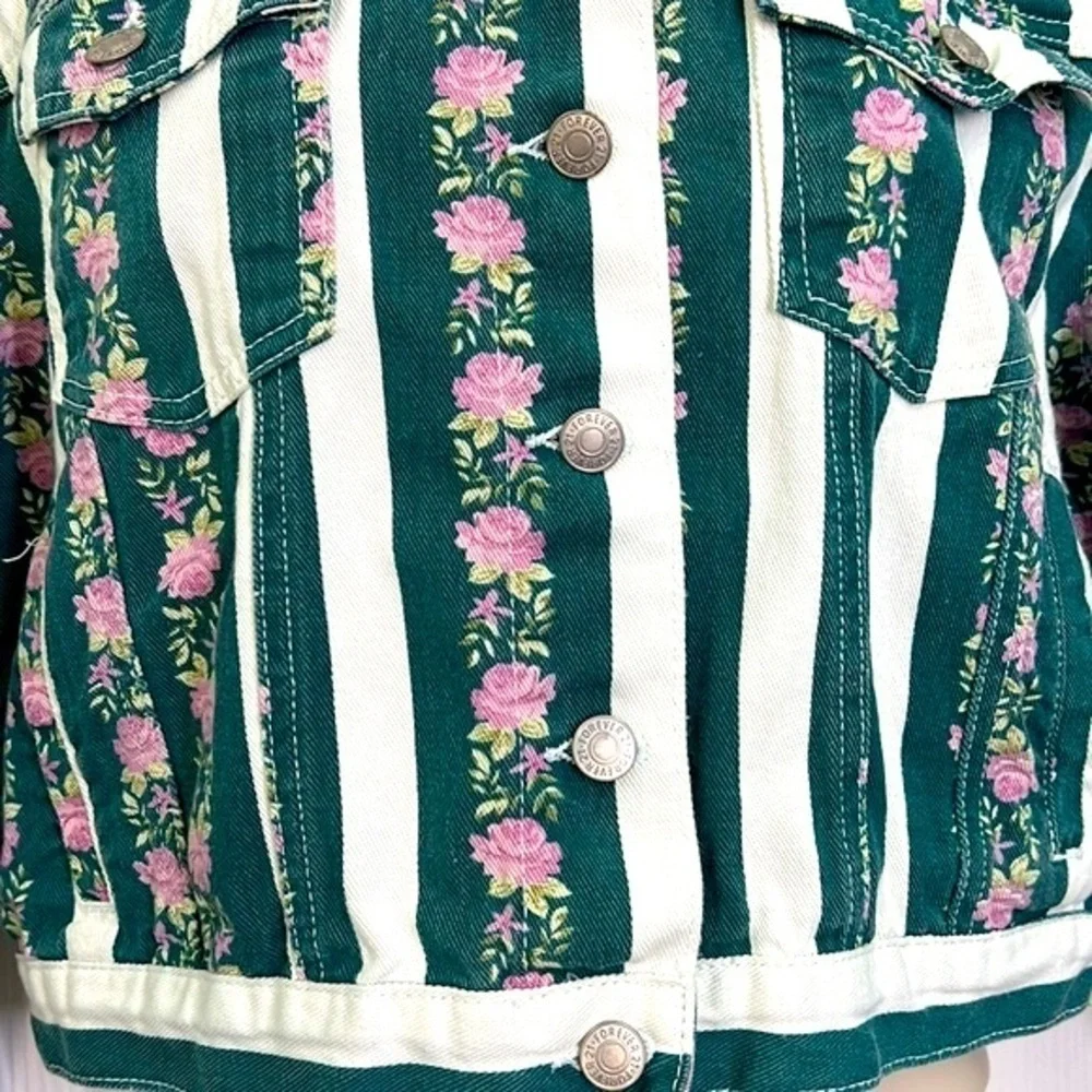 Forever 21 - Vintage Retro Stripe Floral Denim Crop Jacket Size Small